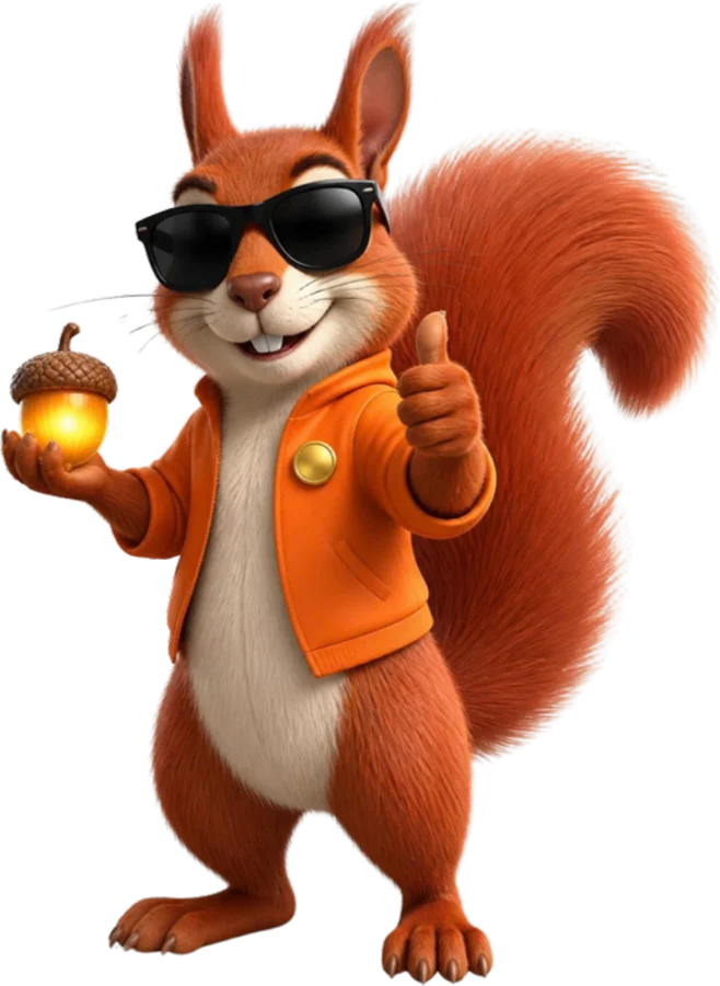 Sparky the Squirrel, in sunglasses and an orange jacket, holding a glowing acorn and giving a thumbs-up