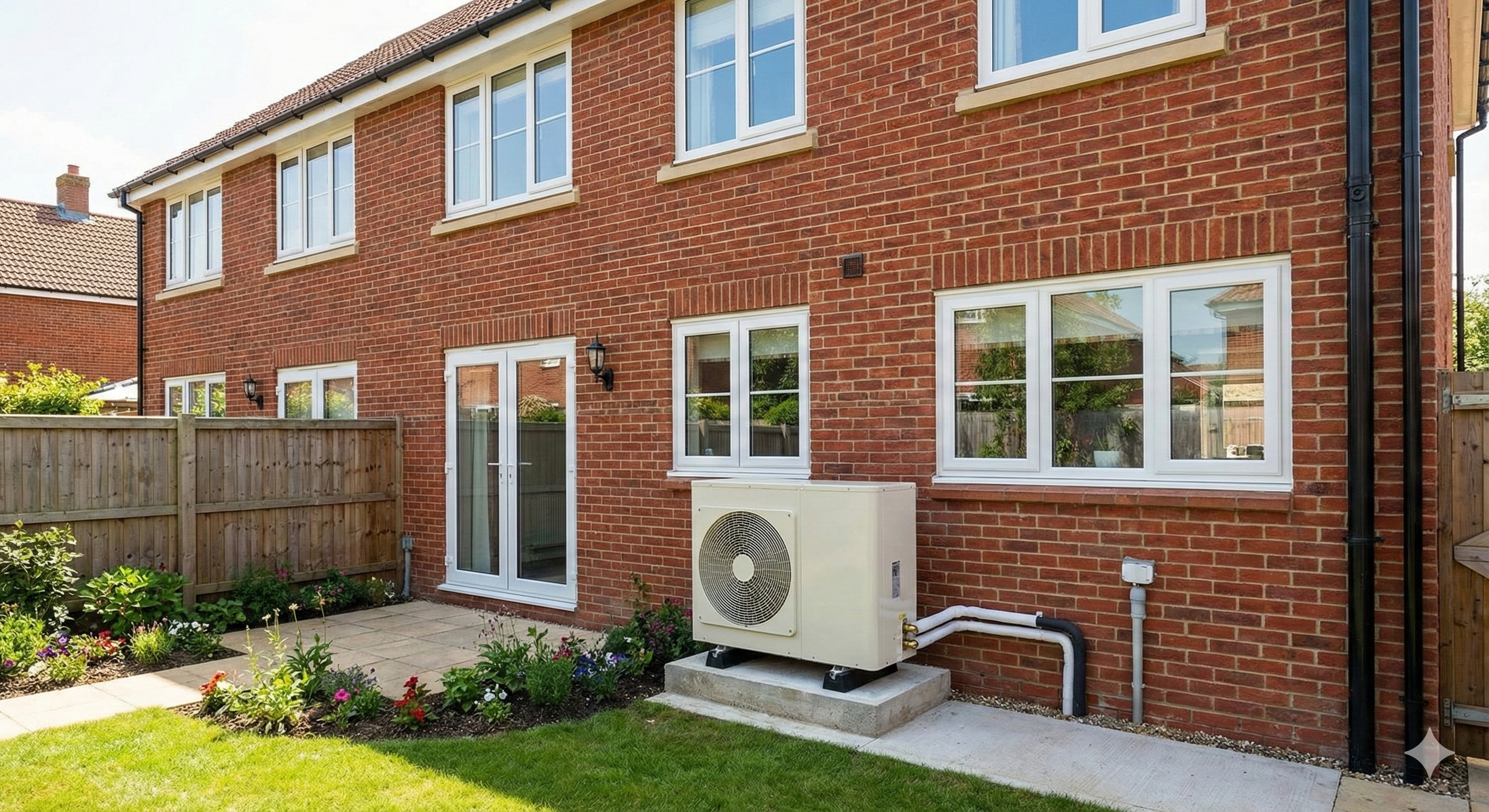 Air Source Heat Pump Outside A UK Brick Home