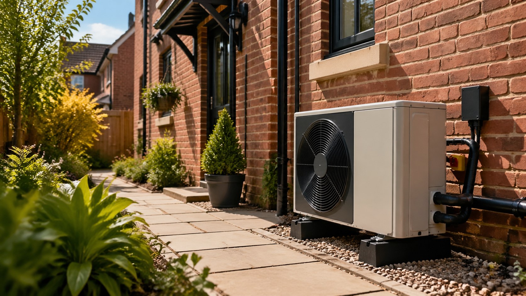Air source heat pump outside a UK brick home.