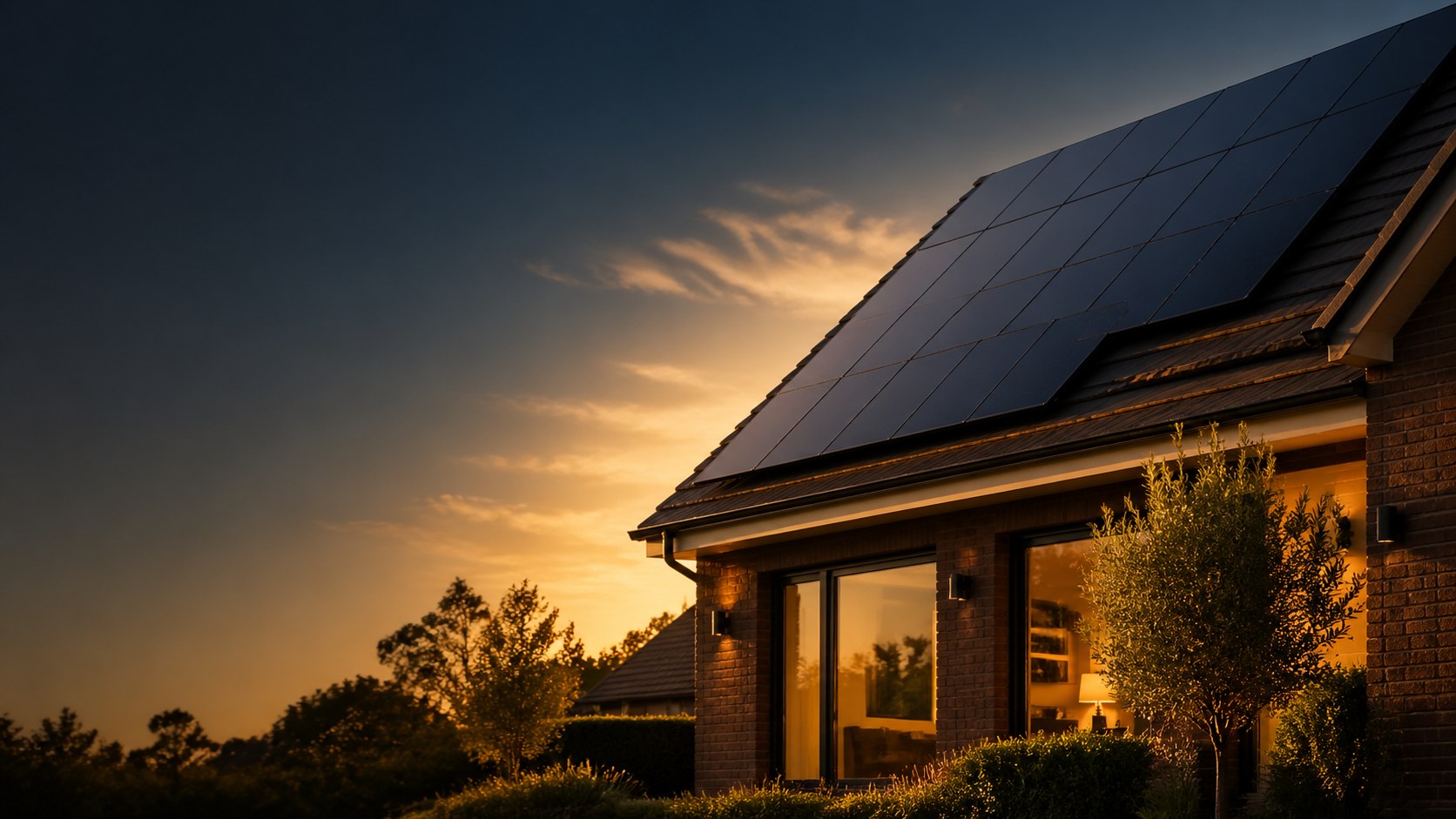A twilight British home with rooftop solar at golden hour